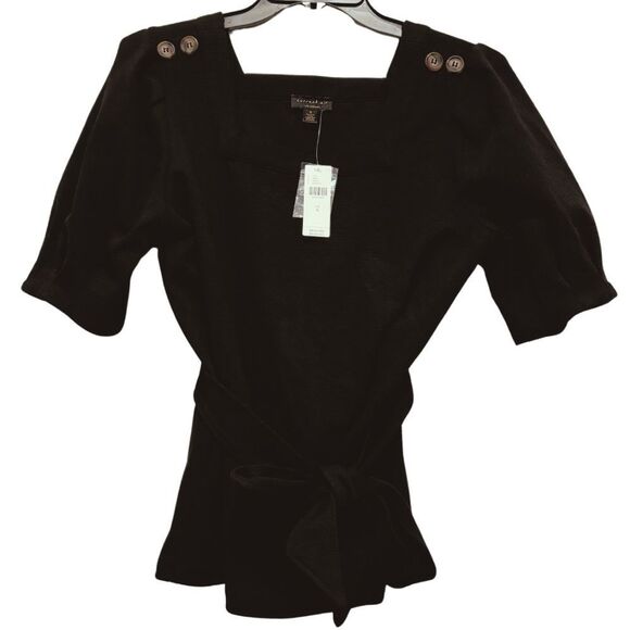 NWT Anthropologie Current Air Black Barnette Puff Sleeved Top Tie - Picture 3 of 5